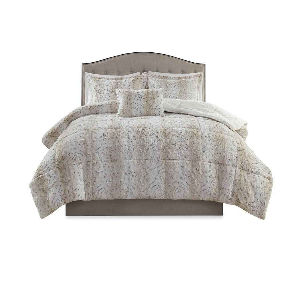King 4PC Faux Fur Comforter Set with Reversible Faux Mink Backing
