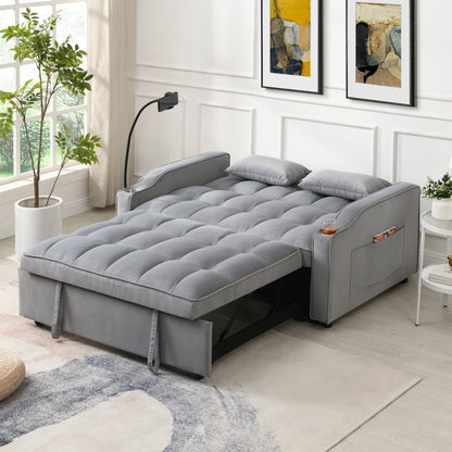 Modern Velvet Sleeper Loveseat with Pullout Bed and USB Ports - Light Gray