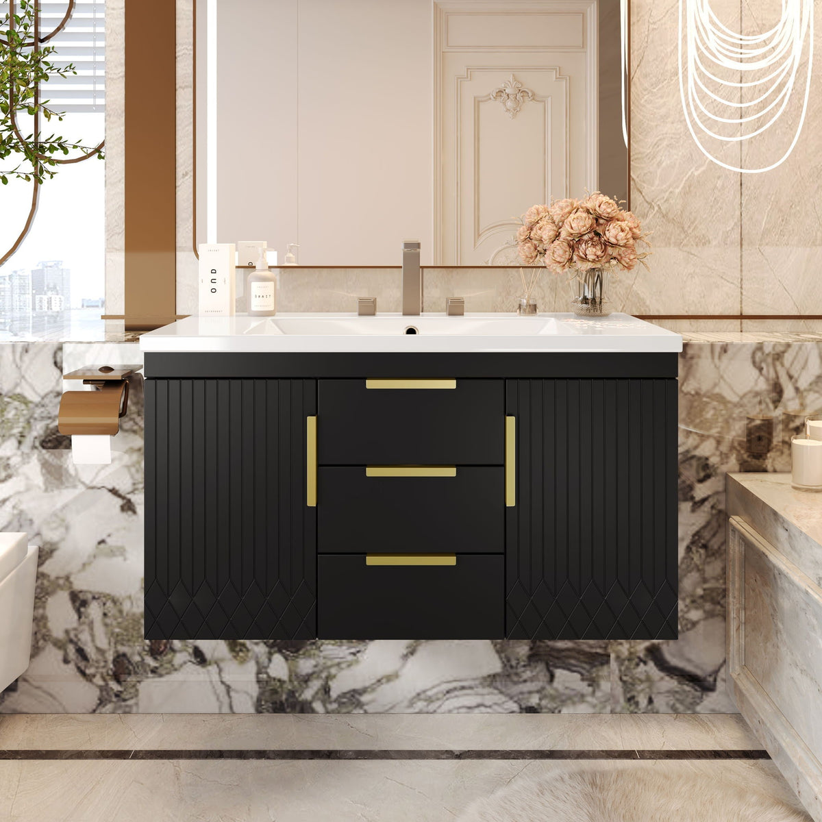 Wall Mounted Bathroom Vanity with Resin Sink - Black or White