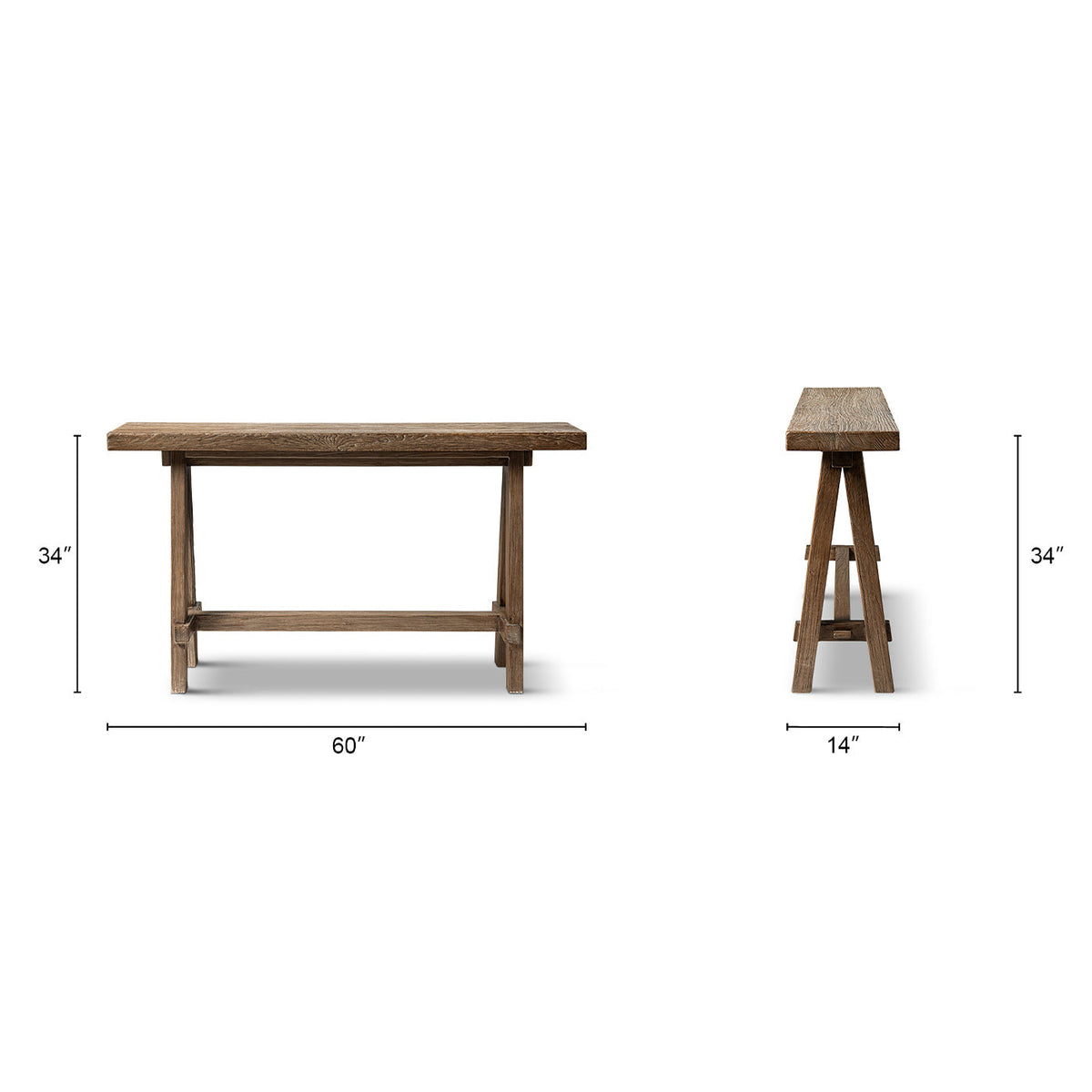 Hawthorne 60'' Reclaimed Elm Trestle Console Table with Solid Wood Base - Medium-Dark Brown