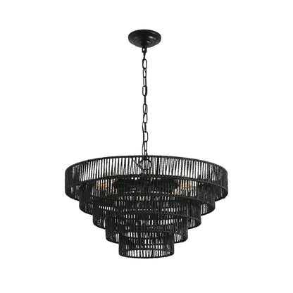 Rustic 5-Tier Hemp Rope Chandelier with 8 Lights - Black