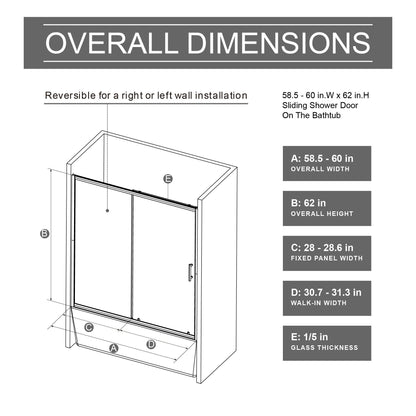 Single Sliding Shower Door for Bathtub with Chrome Handle - Chrome