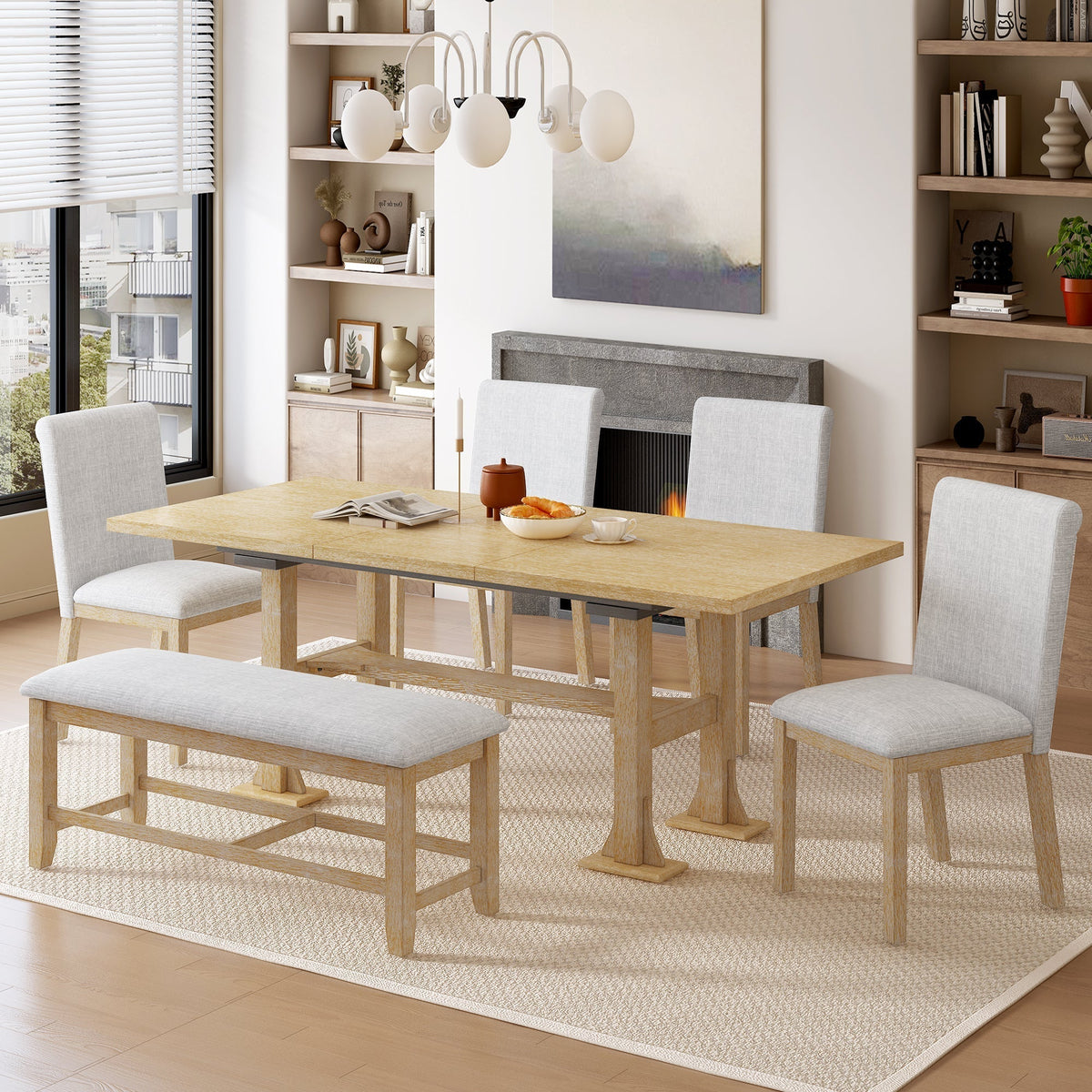 Natural Solid Wood Extendable Dining Set with Bench Seating - 6 Piece