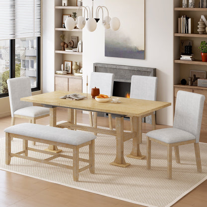 Natural Solid Wood Extendable Dining Set with Bench Seating - 6 Piece