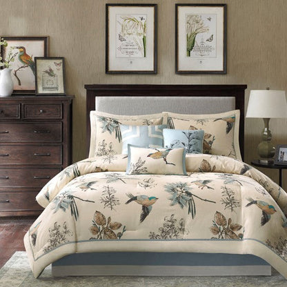 Khaki Printed Cotton Twill King Comforter Set with Embroidery - 7 Piece