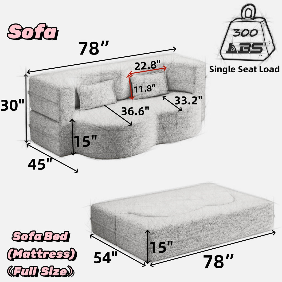 Modern Floor Futon Sofa Bed with Teddy Fabric and Two Pillows - Multiple Colors