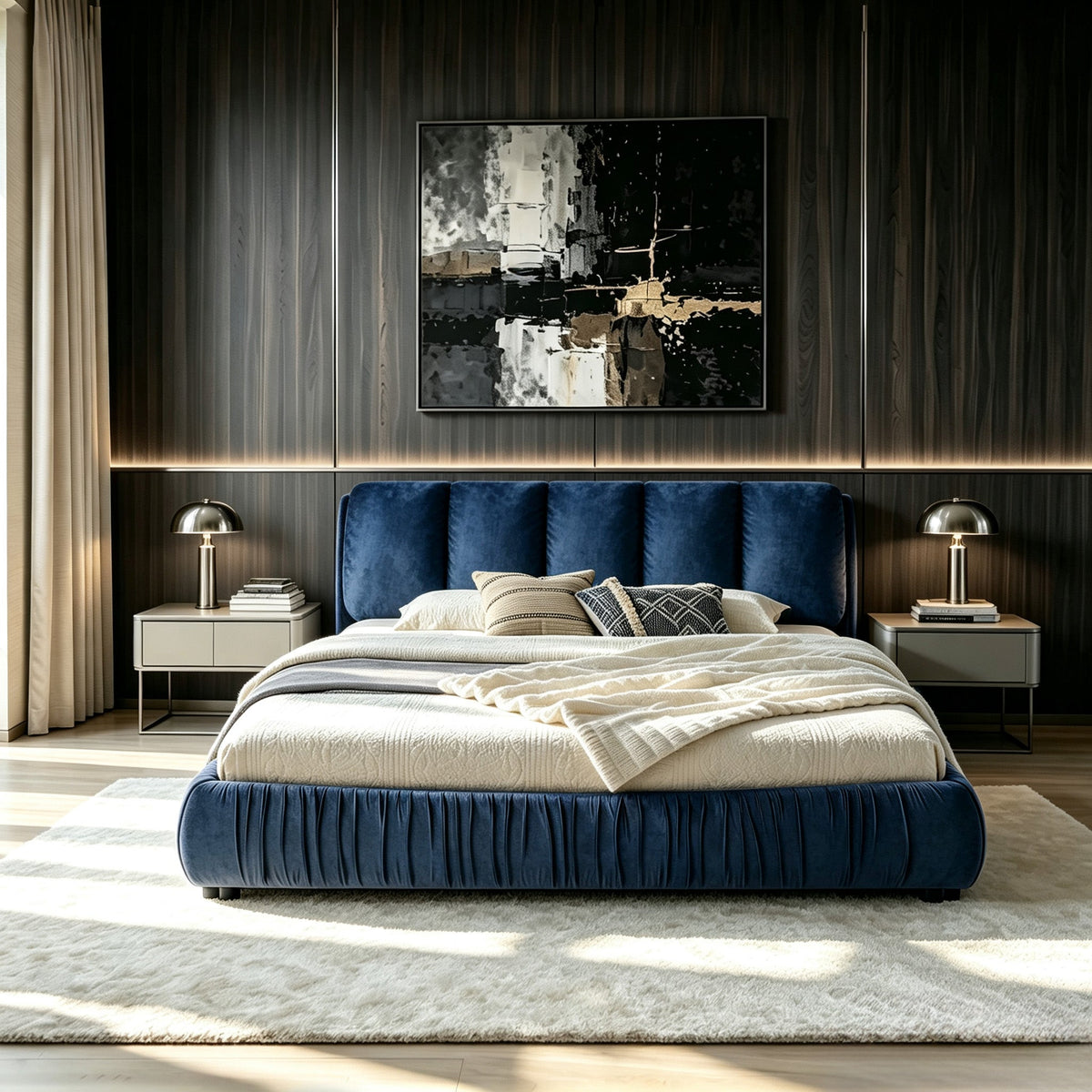King Size Upholstered Bed Frame with Segmented Sponge Headboard - Dark Blue or Beige