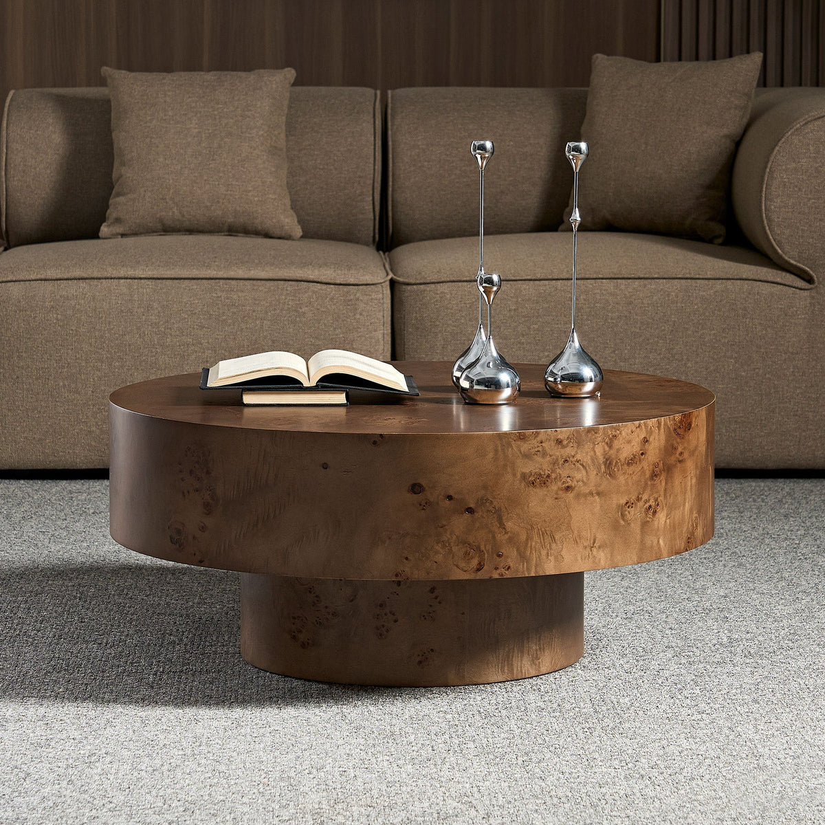 Walnut Burl Wood Veneer Round Coffee Table with Pedestal Base - Walnut