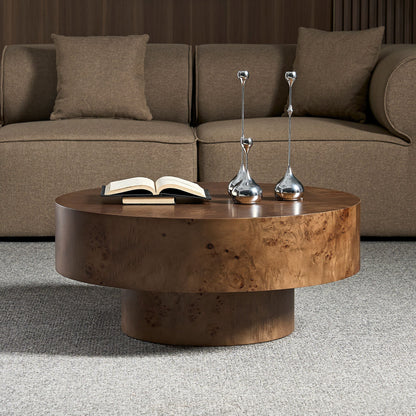 Walnut Burl Wood Veneer Round Coffee Table with Pedestal Base - Walnut
