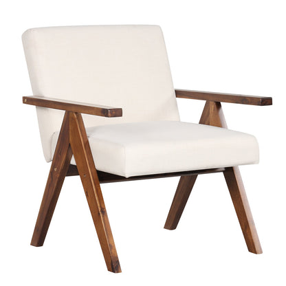 Modern Accent Chair Linen Fabric Armchair with Solid Acacia Wood Frame