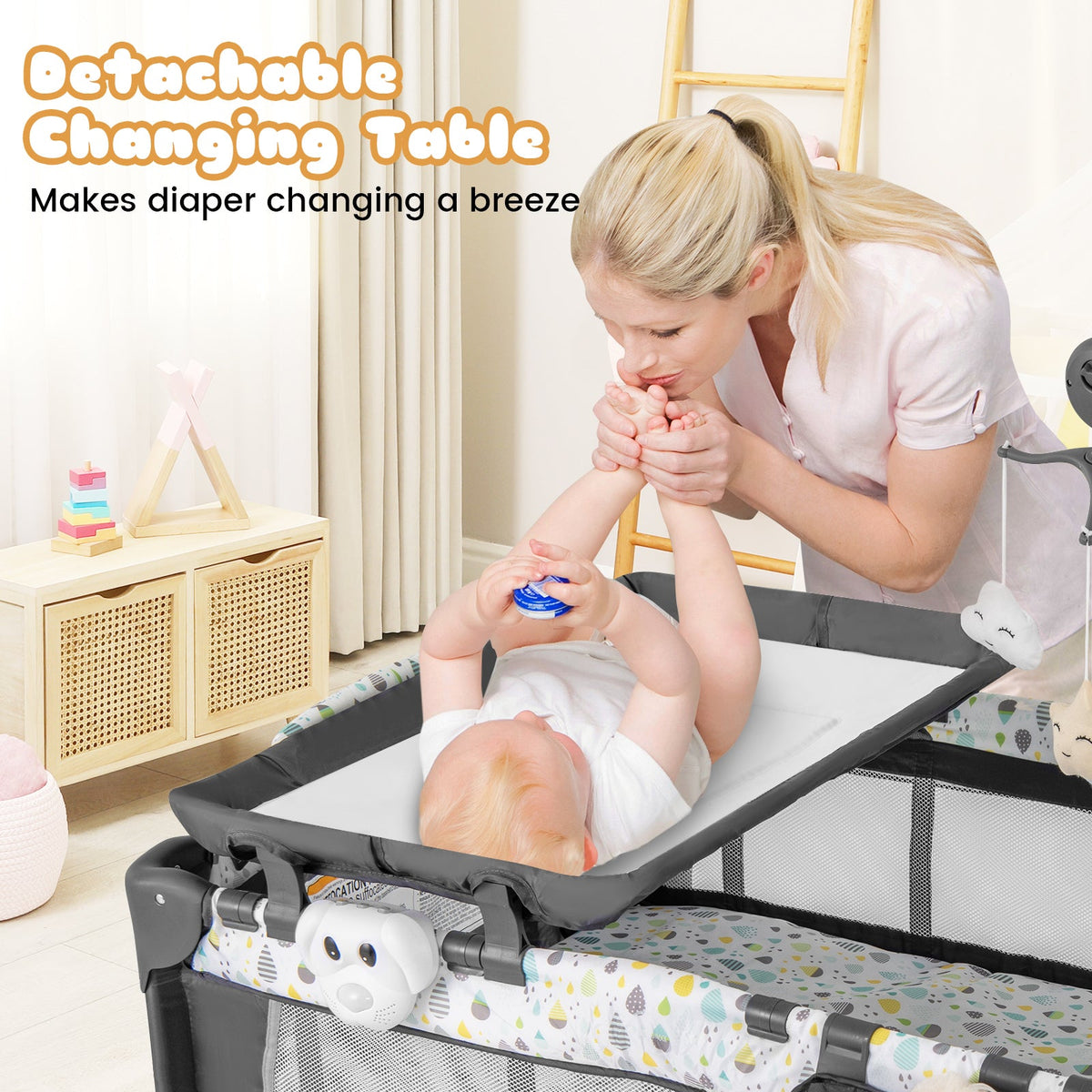 Multi-Functional Baby Playpen with Mattress and Removable Changing Table-Beige