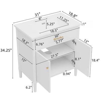 Bathroom Vanity with Sink and Adjustable Shelf - Soft Close Doors - Black, Green, or White