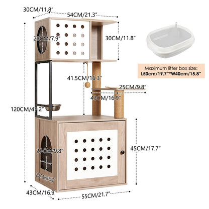 Cat Tree with Litter Box Enclosure and Large Hammock - Gray & White