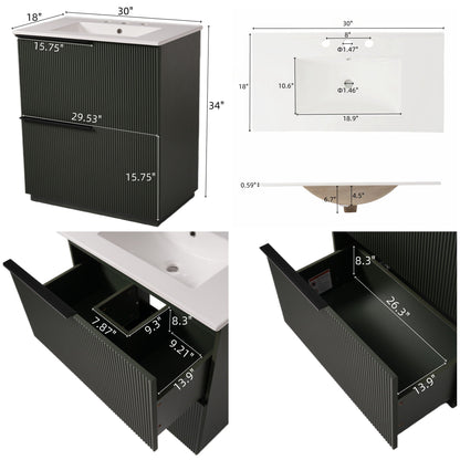 Fluted Bathroom Vanity with Ceramic Sink and Soft-Close Drawers - Light Brown, White, or Dark Green