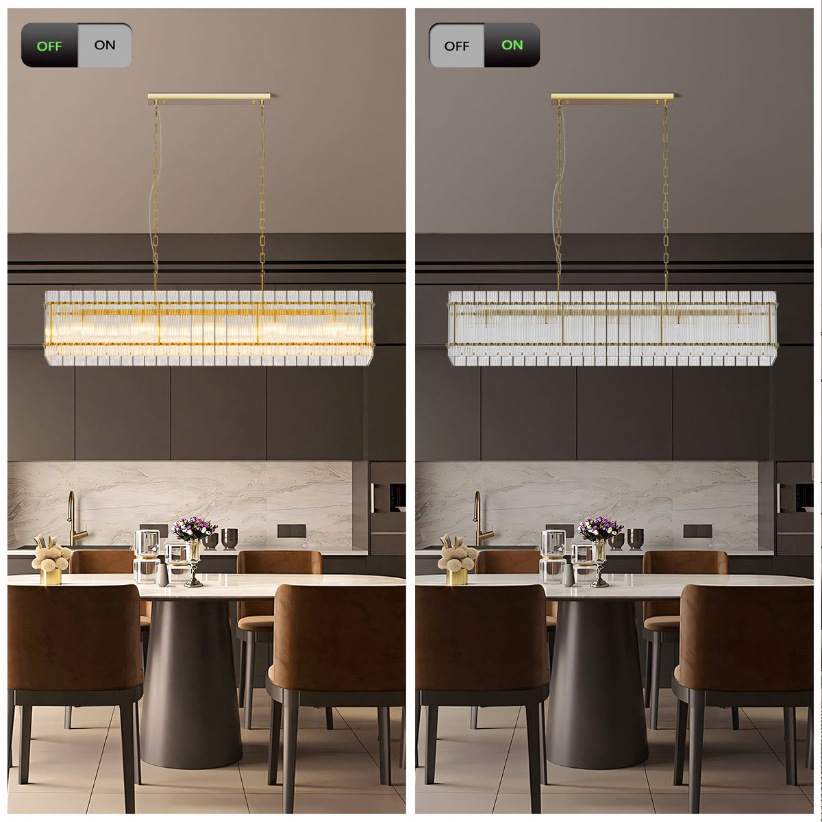 Modern Rectangular Crystal Glass 10-Light Chandelier with Adjustable Height - Gold