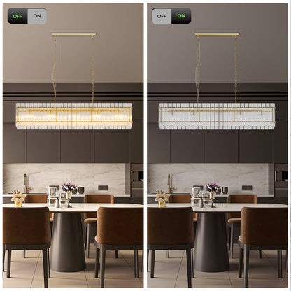 Modern Rectangular Crystal Glass 10-Light Chandelier with Adjustable Height - Gold