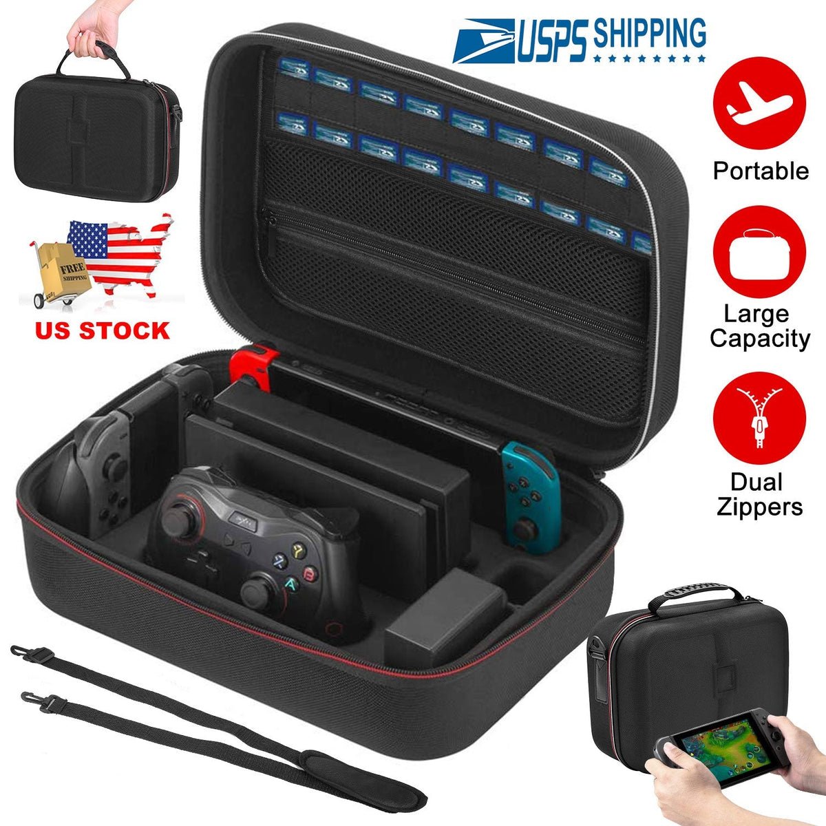 Portable Deluxe Carrying Case for Nintendo Switch Protected Travel Case w/ Rubberized Handle Shoulder Strap