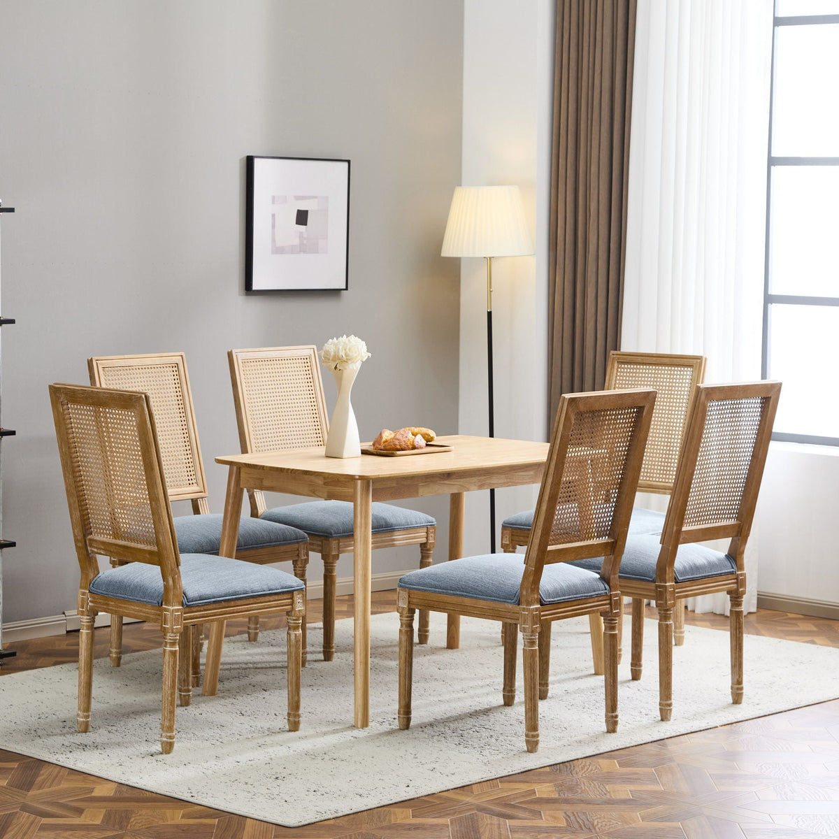 French Country Dining Chair with Rectangular Cane Backrest and Upholstered Seat
