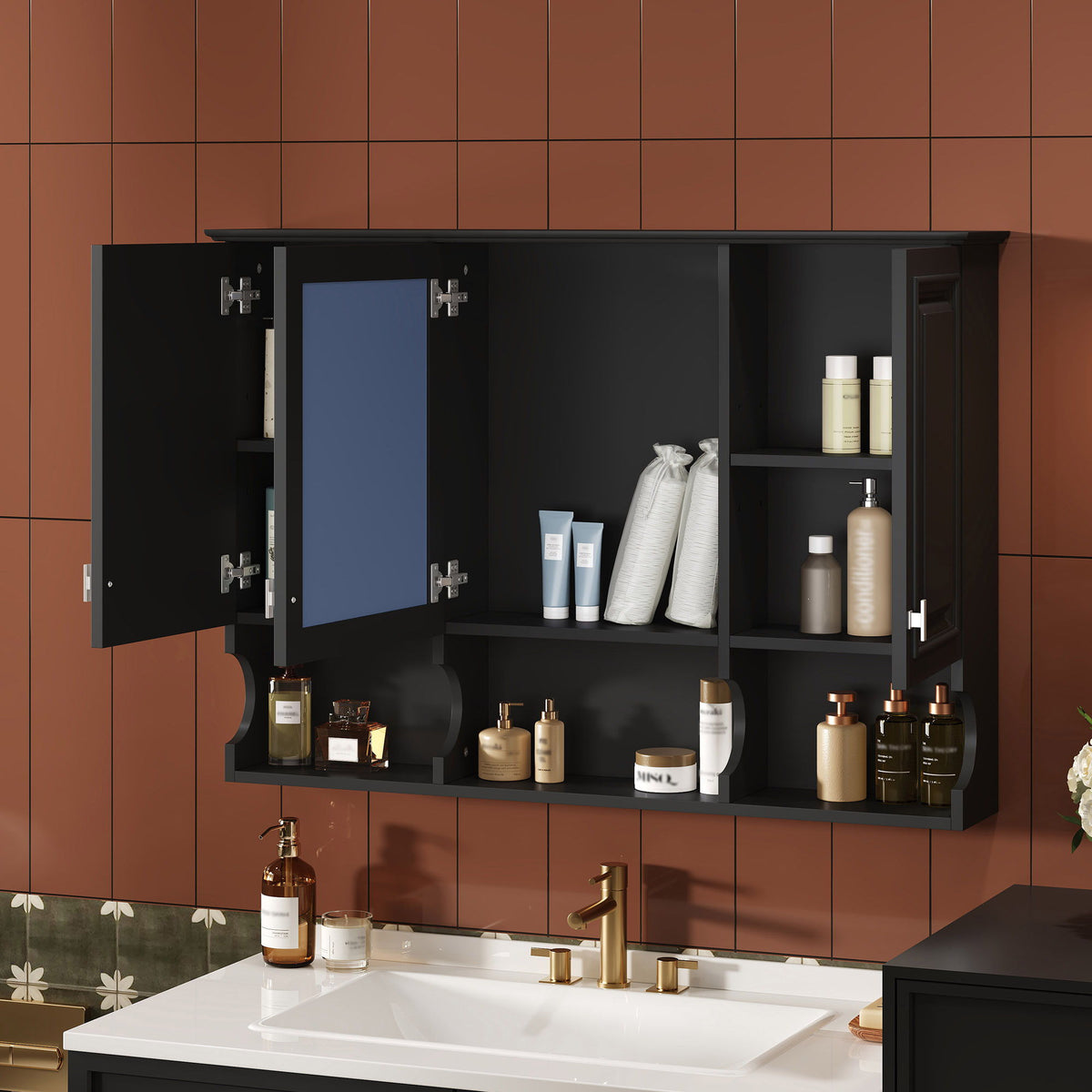 Modern Wall Mounted Medicine Cabinet with Open Shelves - White or Black