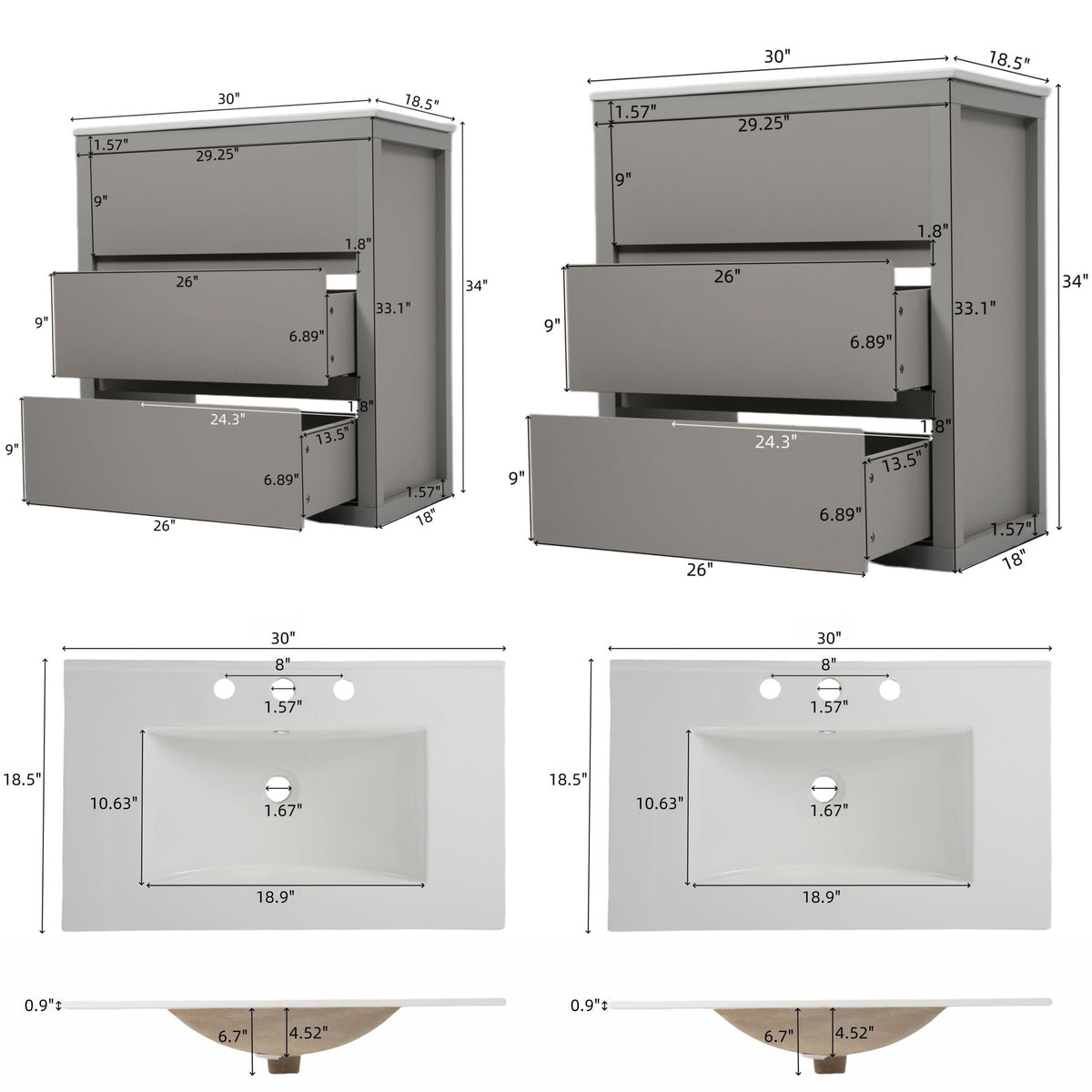 Double Sinks Bathroom Vanity Set with Ceramic Basins - Wood