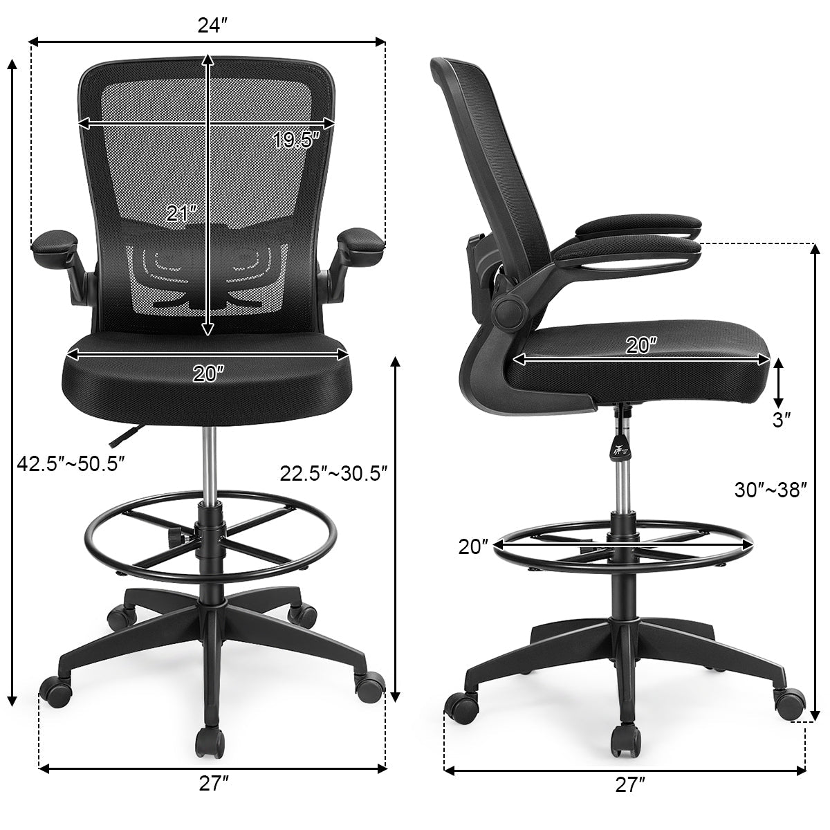 Height Adjustable Drafting Chair with Flip Up Arms
