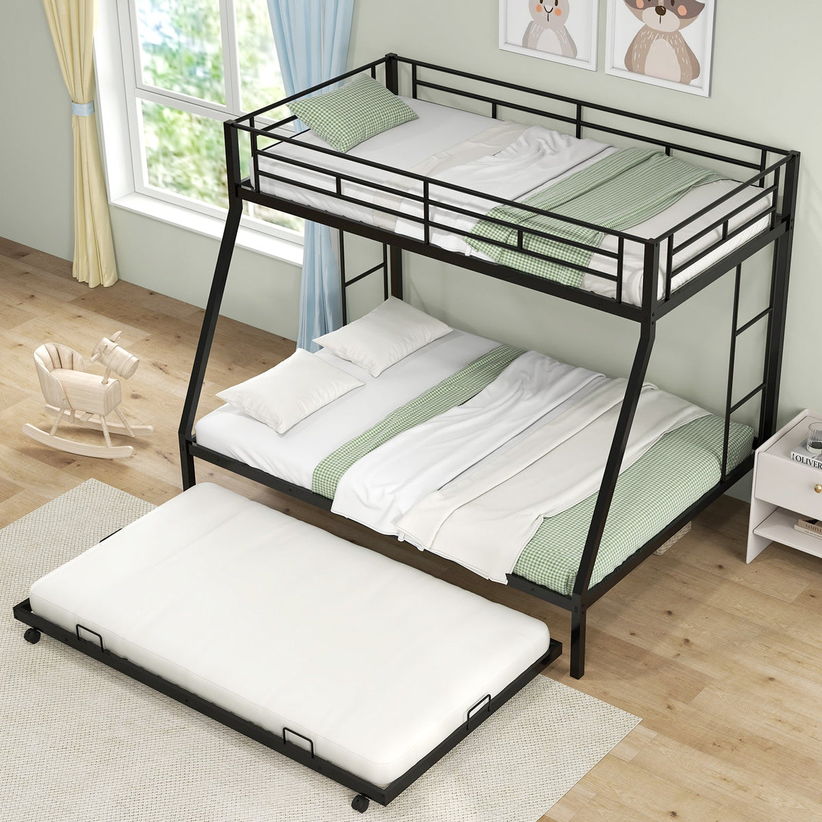 Twin Over Full Bunk Bed Frame with Trundle for Guest Room