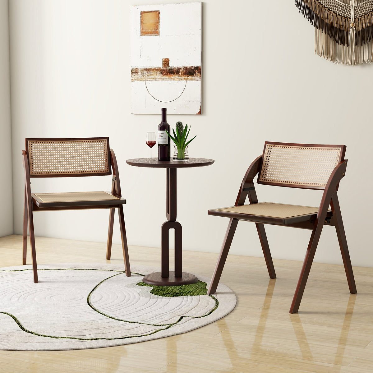 Foldable Dining Chairs Set of 2 with Woven Rattan Backrest