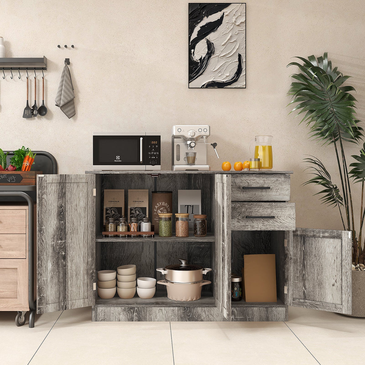 Buffet Storage Cabinet Kitchen Sideboard with 2 Drawers-Gray