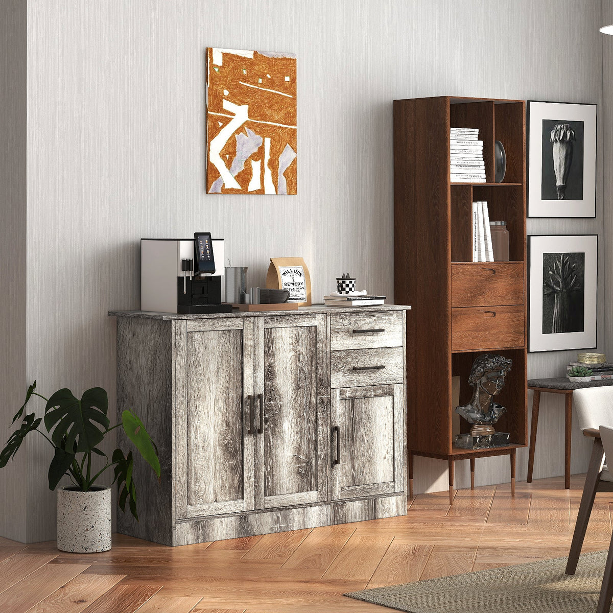 Buffet Storage Cabinet Kitchen Sideboard with 2 Drawers-Gray