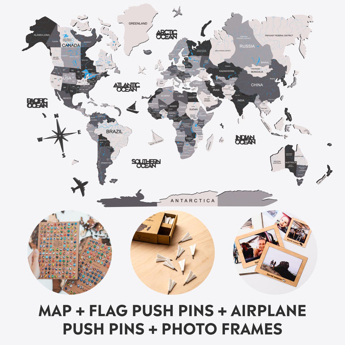 Bundle: Colored Map, Photo Frames, Flags and Airplanes Pins