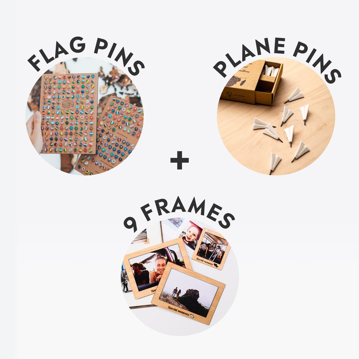 Bundle: 9 Photo Frames, Flags and Airplanes Pins