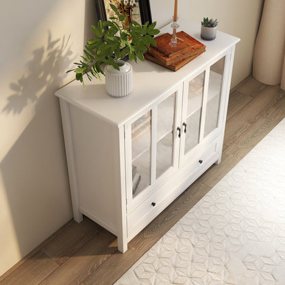 Buffet Storage Cabinet with Double Glass Doors and Bell Handle - White