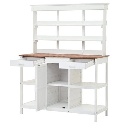 66" Farmhouse Potting Bench Table with Drawers and Shelves - Natural Fir
