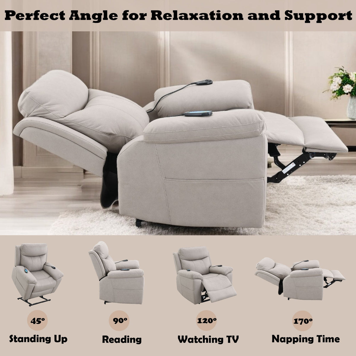Beige Chenille Power Recliner with Lift, Heating & Massage - Beige