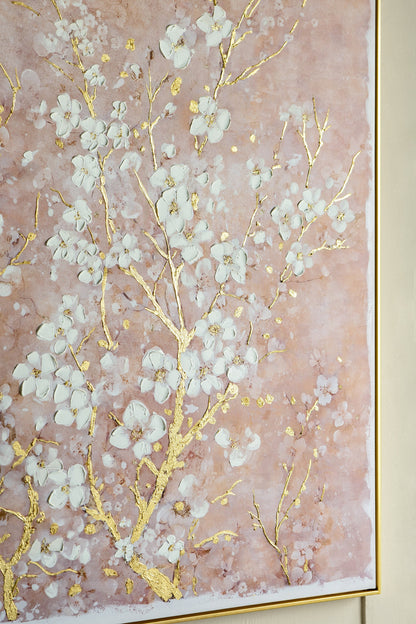 Hand-Painted Cherry Blossom Canvas Wall Art with Subtle Gold Accents - Multicolor