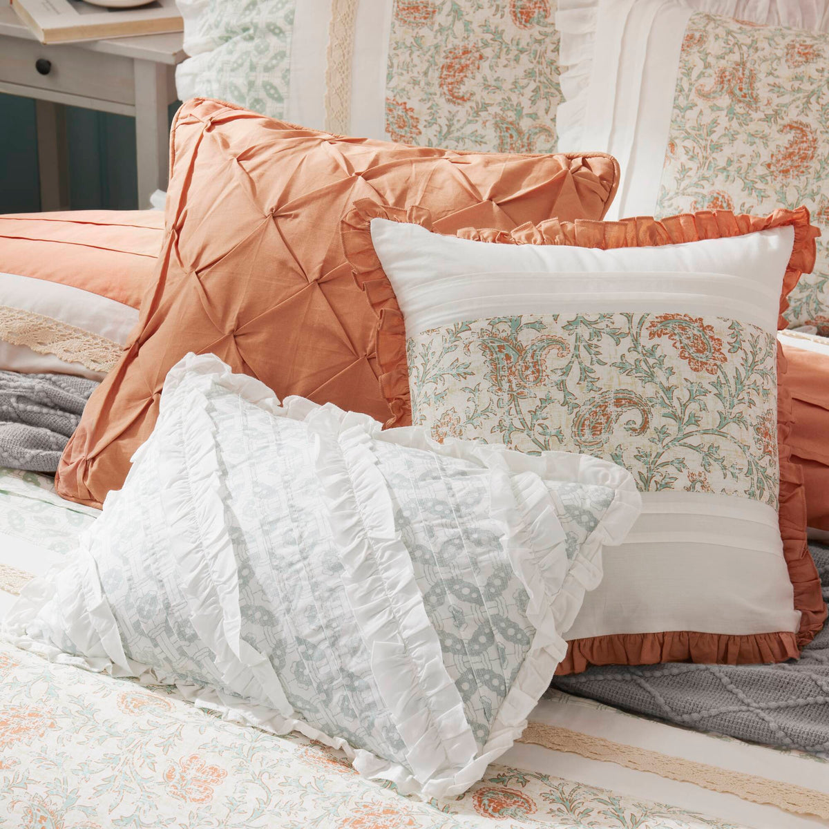 Coral Cotton Percale Comforter Set with Pintucking and Lace Taping - Queen