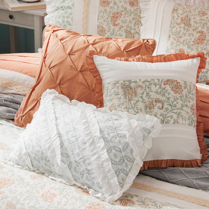 Coral Cotton Percale Comforter Set with Pintucking and Lace Taping - Queen