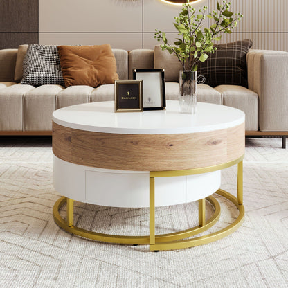 Modern Round Nesting Coffee Tables with Lift-Top and 2 Drawers - White or Black