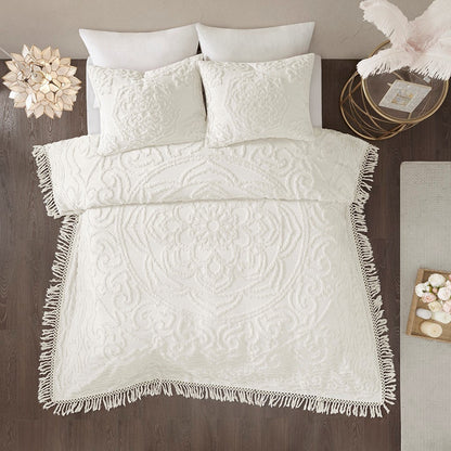 Tufted Cotton Chenille Medallion Fringe Coverlet Mini Set - Off-White