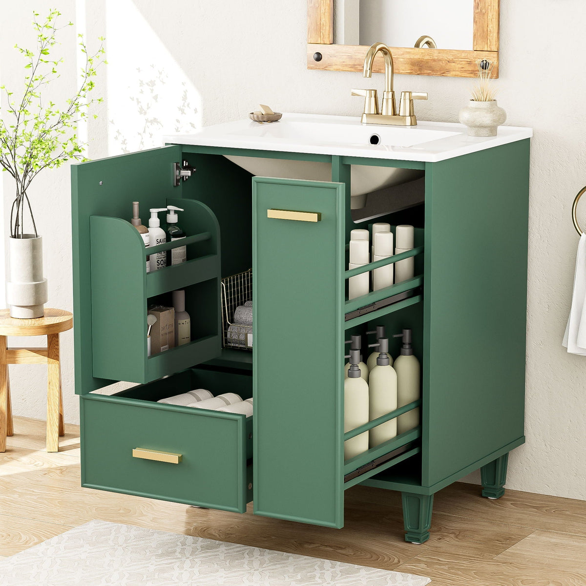 Bathroom Vanity with Ceramic Sink and Deep Storage - Multiple Colors
