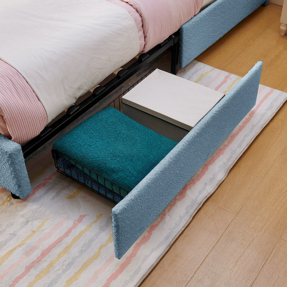Twin Size Kids Upholstered Bed with Rabbit Ear Headboard & Storage - White Boucle