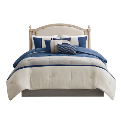 Blue Faux Suede Queen Comforter Set with Decorative Pillows - 7 Piece