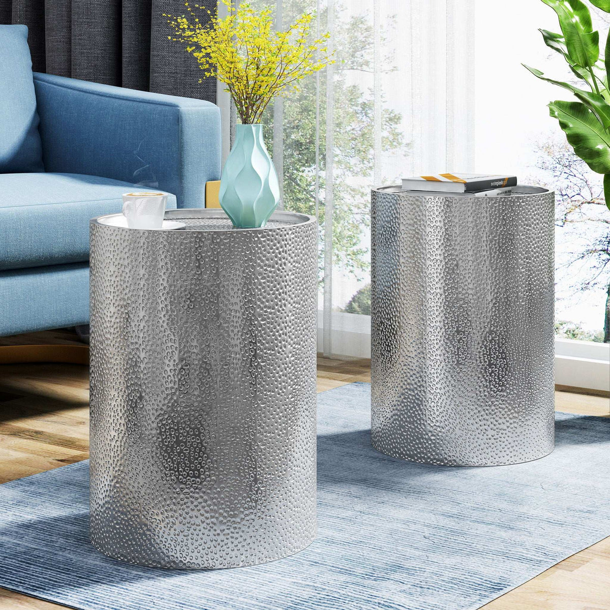 Modern Round Accent Table with Hammered Surface - Pearl Silver or Gold