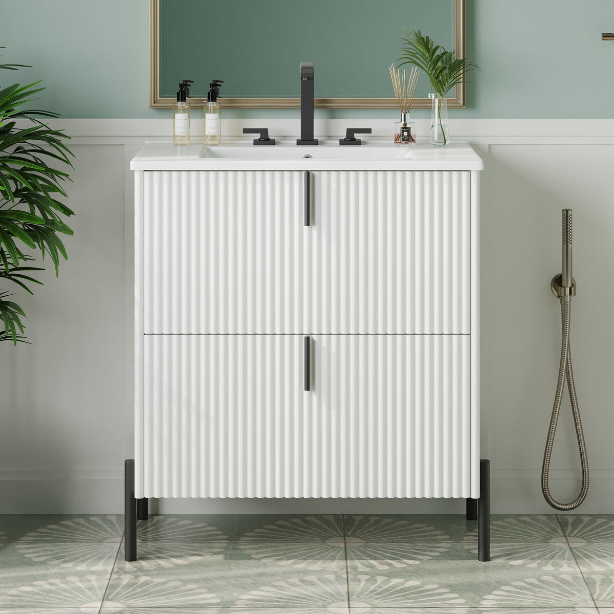 Fluted Bathroom Vanity with Ceramic Sink - Freestanding Wood Design