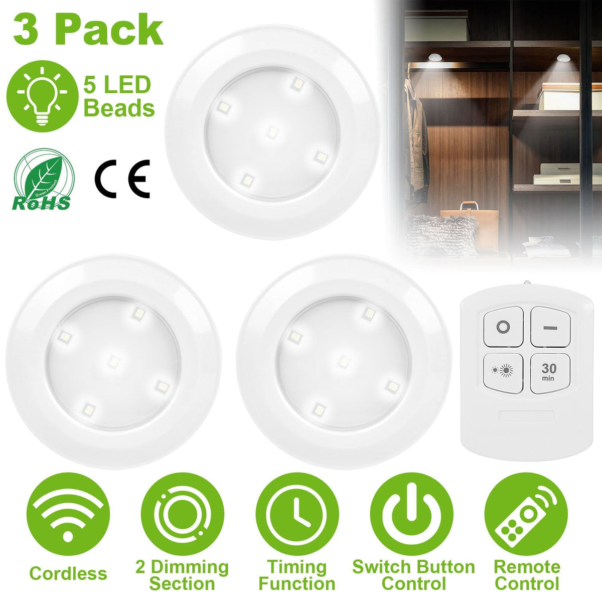 3Pcs LED Night Light Cordless Battery-Powered Closet Lamp Dimmable w/ Remote Stick-on