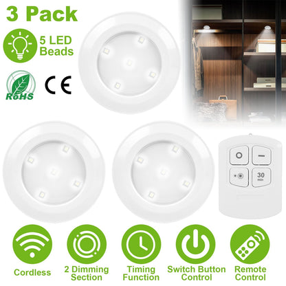 3Pcs LED Night Light Cordless Battery-Powered Closet Lamp Dimmable w/ Remote Stick-on