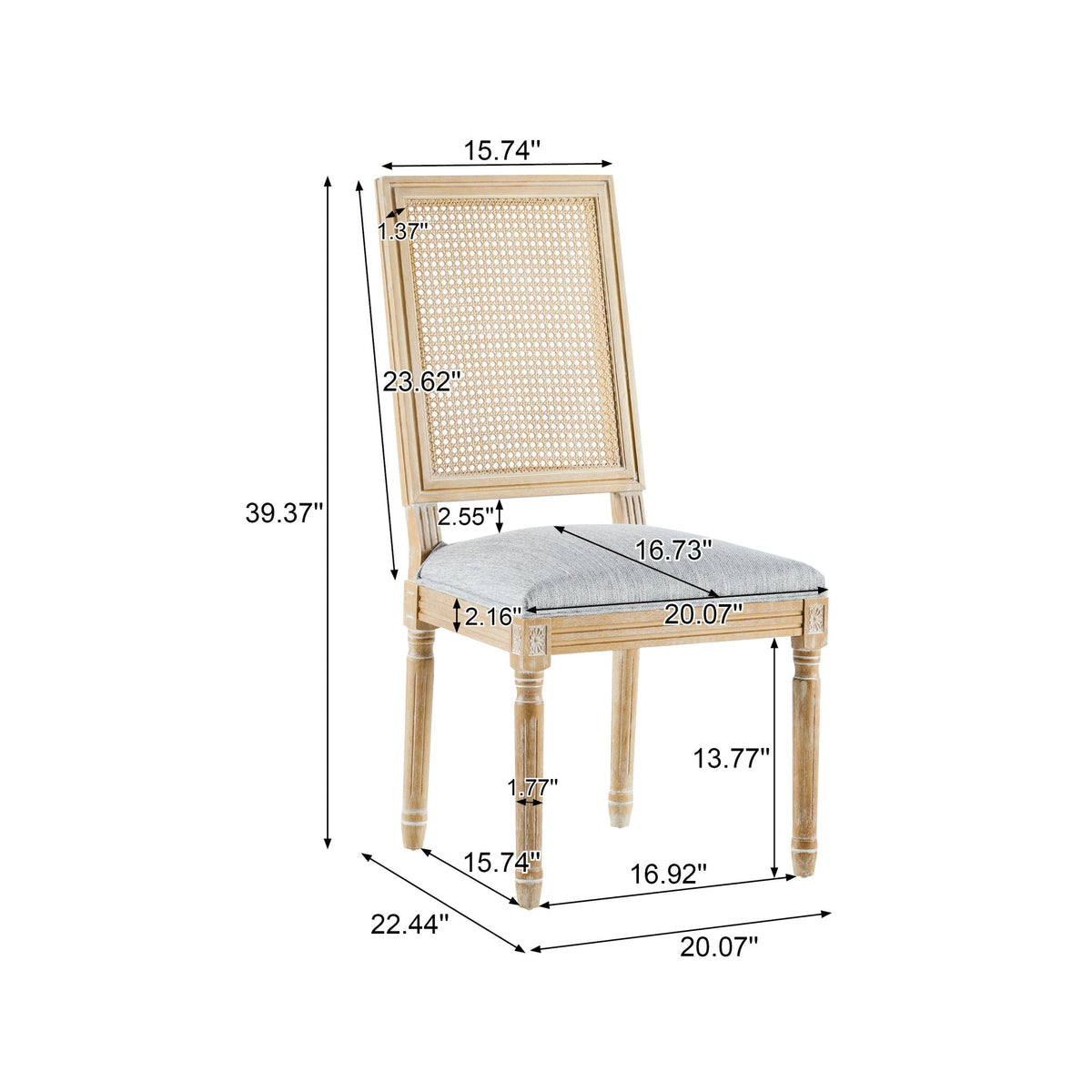 French Country Dining Chair with Rectangular Cane Backrest and Upholstered Seat