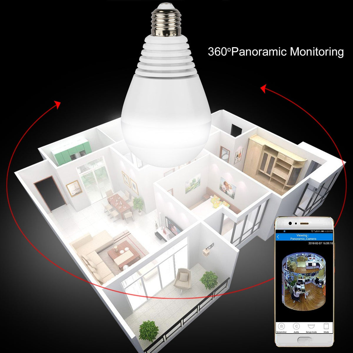 WiFi Light Bulb Camera 960P Security Camera 360¡ Fisheye Lens Panoramic Motion Detection IR Night Vision