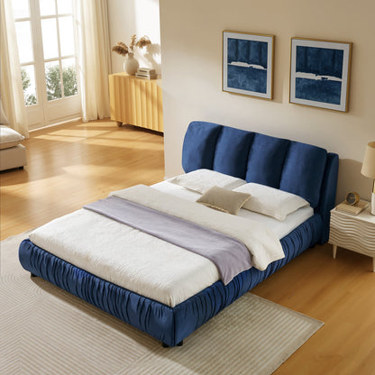 Queen Upholstered Bed Frame with Segmented Compressed Sponge Headboard - Dark Blue or Gray