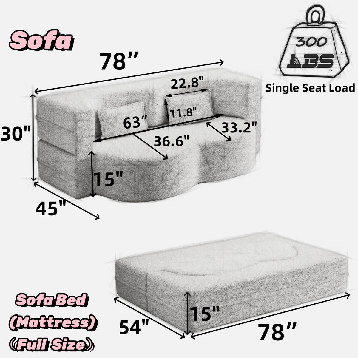 Convertible Foam-Filled Sleeper Sofa Bed with Two Pillows - Fabric